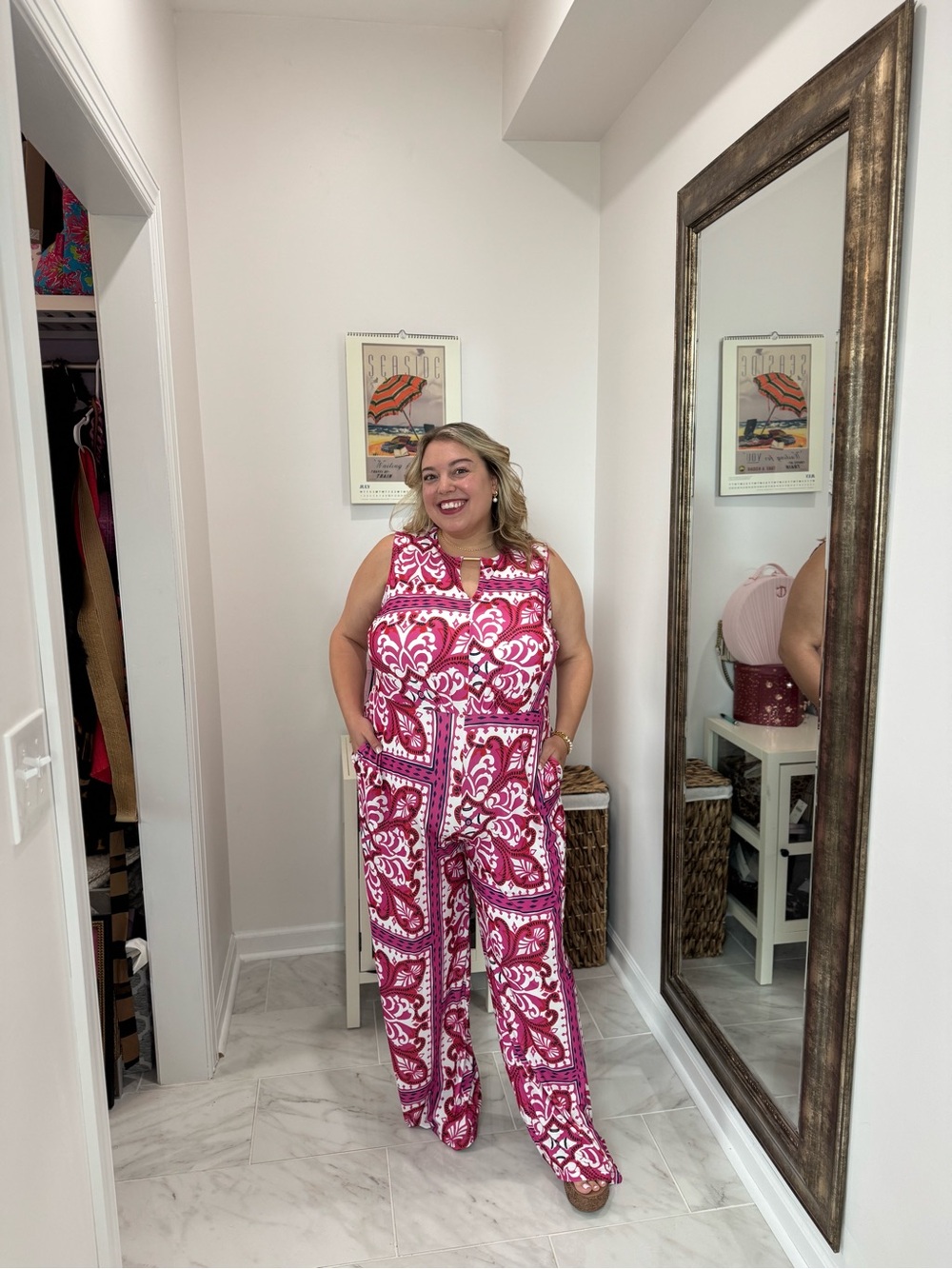 Ulla Popken Sleeveless Pink Patterned Jersey Jumpsuit